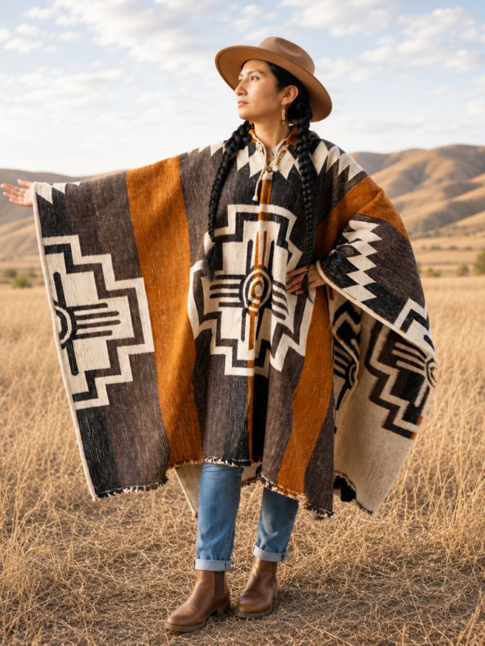 Handwoven 100% Andean Wool Poncho Brown Mustard Unisex One Size Pullover Coat